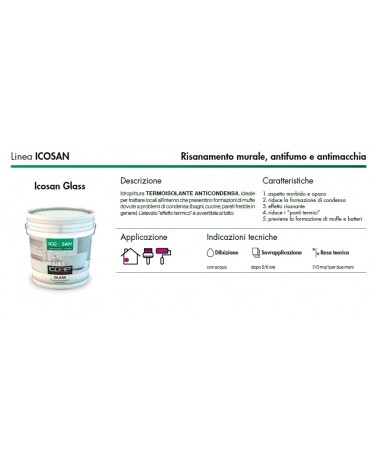 Idropittura TERMOISOLANTE ANTICONDENSA ICOSAN GLASS 4LT BIANCO. Ideale per trattare locali all’interno che presentino formazioni