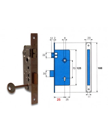 Serratura bronzata Patent piccola con bordo quadro, con chiave. Con contropiastra. Quadro 8 Entrata 40104