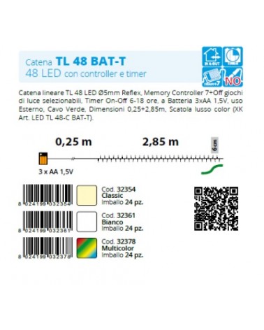 CATENA LINEARE 48 LED DIAM. FILO 5MM REFLEX. Memory controller 7+off giochi di luce selezionabili. Timer on-off 6-18 ore. A BATT