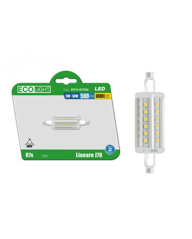 Lampada led lineare 5W->50W 500Lumen, luce 3000k J78. Attacco R7s. Durata 20000 ore, 15000 accensioni, classe A+. Angolo 360°. 2