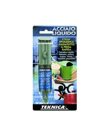 ACCIAIO LIQUIDO ML25 COLLA EPOSSIDICA BICOMPONENTE SALDATUTTO. Adesivo bicomponente grigio, a base di resine epossidiche. Incoll