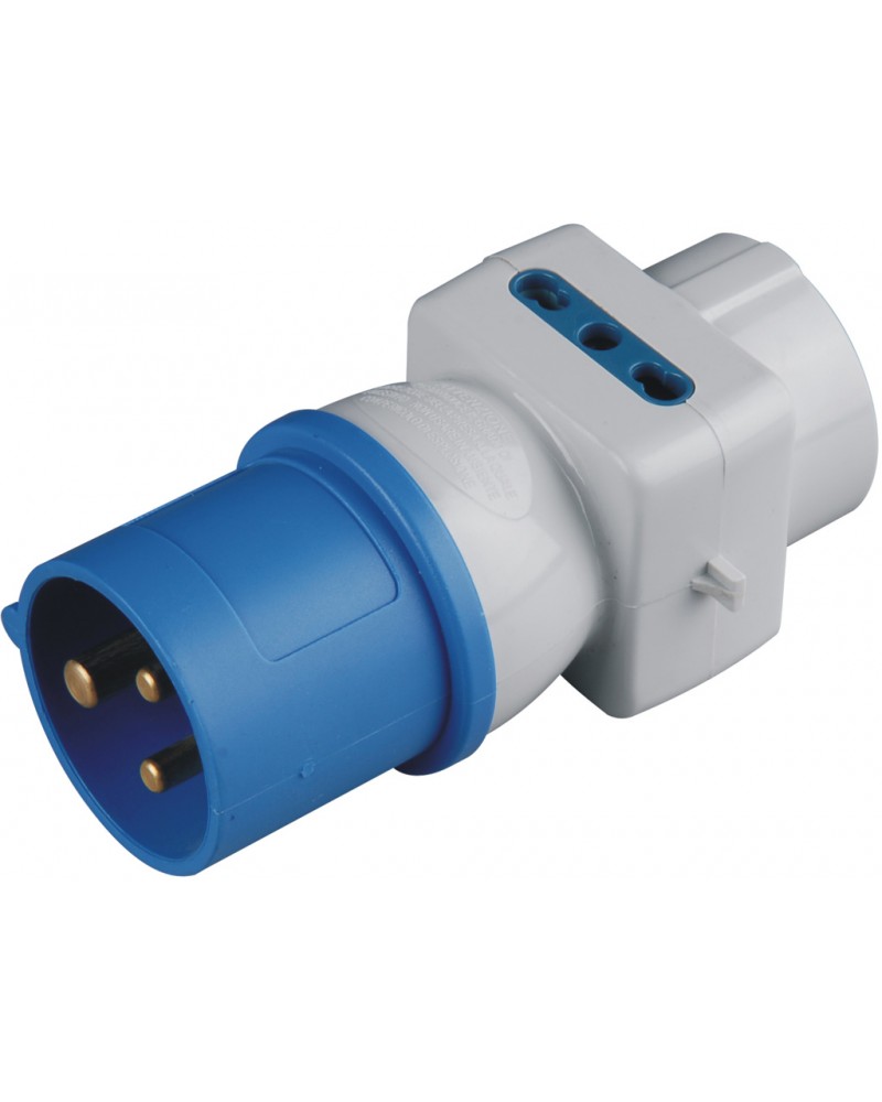 Adattatore di sistema multiplo da spina  2P+T CEE 16A 250V blu - 2 prese 2P+T 10/16A bipasso 250V e 1 presa Schuko - IP44