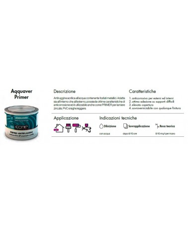 AQQUAVER PRIMER ANTIRUGGINE  BIANCO BASE P/T ML500. Antiruggine acrilica all’acqua contenente fosfati metallici. Adattasia all’i