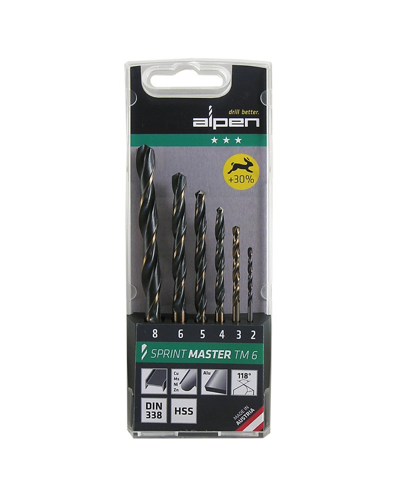 Assortimento di pz 6 punte cilindriche per metallo,   HSS DIN 338 ALPEN art. Sprint Master TM6 - diam. 2,3,4,5,6,8 mm - adatte p