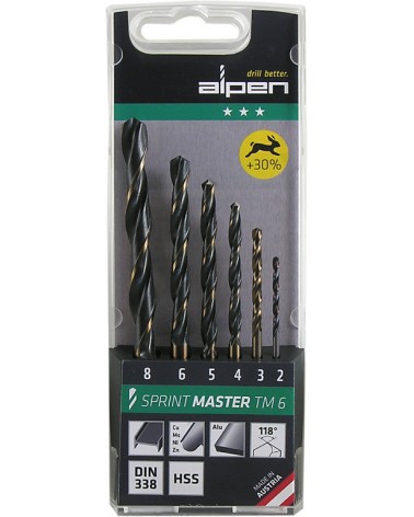 Assortimento di pz 6 punte cilindriche per metallo,   HSS DIN 338 ALPEN art. Sprint Master TM6 - diam. 2,3,4,5,6,8 mm - adatte p