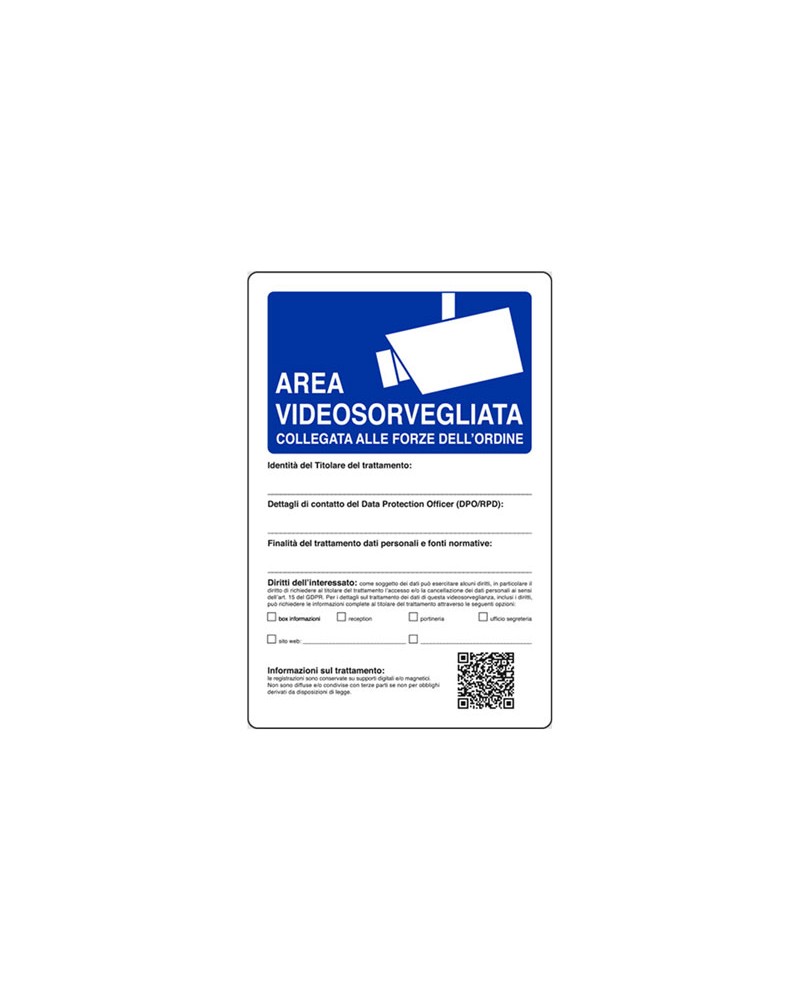 Cartello area videosorvegliata collegata alle forze dell\'ordine. in alluminio.  Dimensione mm. 300 x 200.