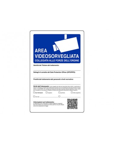 Cartello area videosorvegliata collegata alle forze dell\'ordine. in alluminio.  Dimensione mm. 300 x 200.