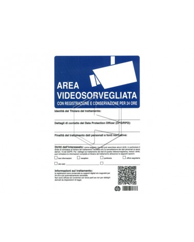 Cartello area videosorvegliata con registrazione e conservazione per 24 ore, in alluminio. Dimensione mm 300x200.