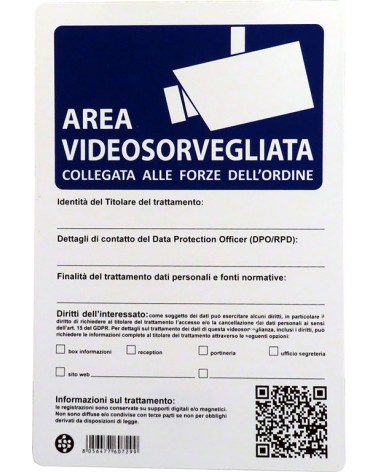 Cartello in plastica AREA VIDEOSORVEGLIATA COLLEGATA ALLE FORZE DELL'ORDINE - 20x30 cm