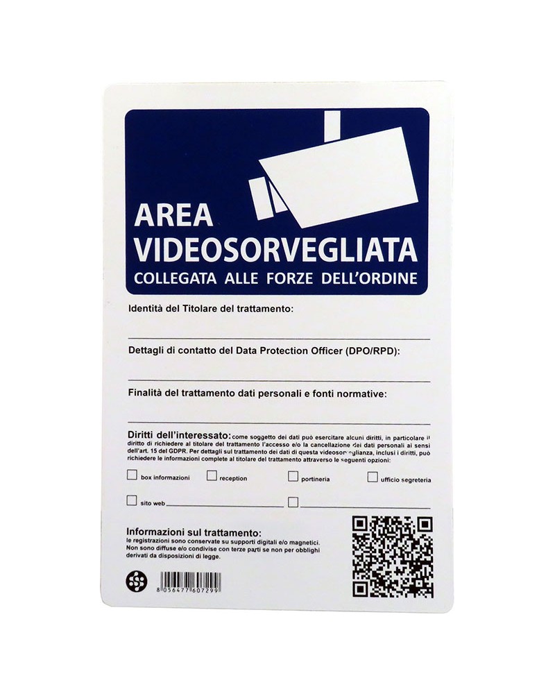 Cartello in plastica AREA VIDEOSORVEGLIATA COLLEGATA ALLE FORZE DELL\'ORDINE - 20x30 cm