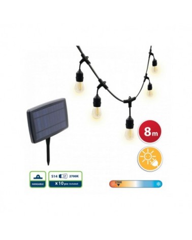 CATENARIA LUMINOSA AD ENERGIA SOLARE 8MT CON 10 LAMPADE LED 2700K E14 , 300 LUMEN.