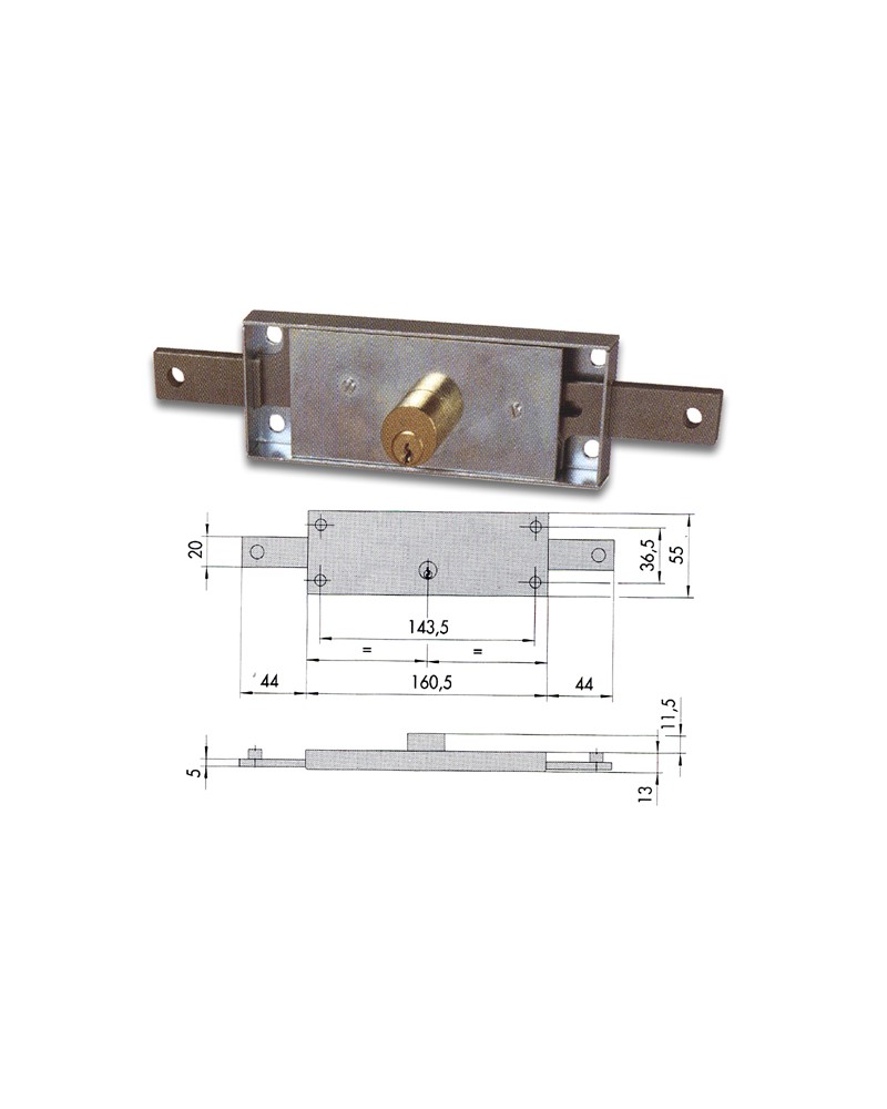 Cisa 41010.80.0 Serratura per serrande, centrale, fornita con 3 chiavi, 2 esterne + 1 interna. Dimensioni: mm.H55xL160xP13, spor