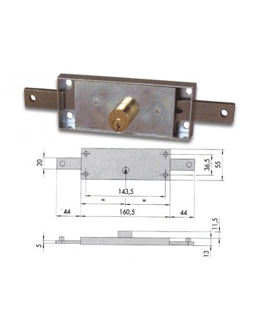 Cisa 41010.80.0 Serratura per serrande, centrale, fornita con 3 chiavi, 2 esterne + 1 interna. Dimensioni: mm.H55xL160xP13, spor