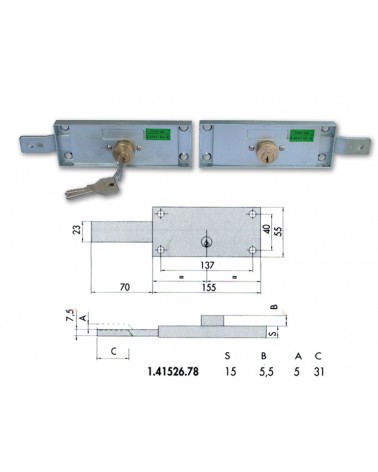 Cisa 41526.78.0 Coppia Serrature per serranda, laterali, con 3 chiavi unificate, 2 esterne + 1 interna. Dimensioni: mm.H55xL155x