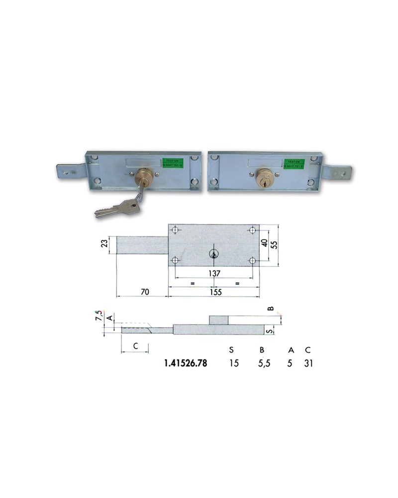 Cisa 41526.78.0 Coppia Serrature per serranda, laterali, con 3 chiavi unificate, 2 esterne + 1 interna. Dimensioni: mm.H55xL155x