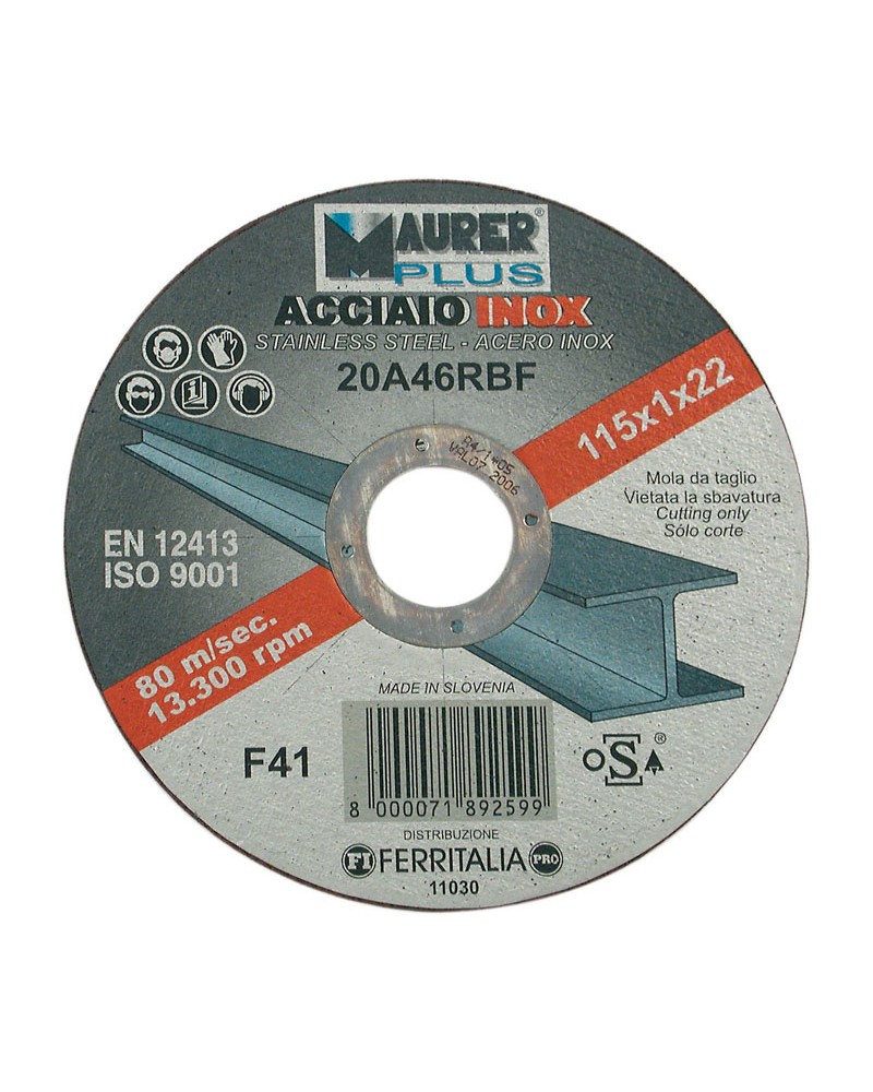 Disco da taglio 115X1MM resinoide rinforzato a centro piano  MAURER PLUS per acciaio inox - diam. foro 22,23 mm