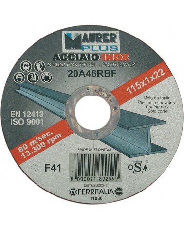 Disco da taglio 115X1MM resinoide rinforzato a centro piano  MAURER PLUS per acciaio inox - diam. foro 22,23 mm