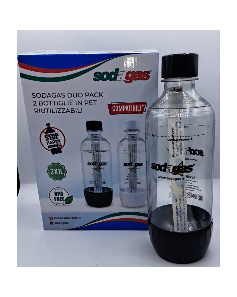 DUOPACK SET DUE BOTTIGLIE GASATORE IN PET RIUTILIZZABILI SODAGAS BOLLICINO