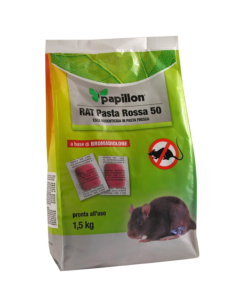 Esca topicida 1,5KG PAPILLON a base di BROMADIOLONE in pasta rossa -  pronta all\'uso - efficace contro Topolino domestico (Mus 