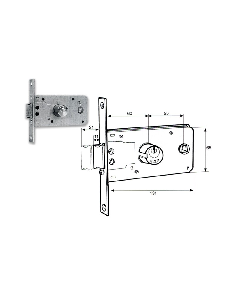 FA.SE.M 901 Serratura a fascia da infilare E=60mm, cilindro tondo Ø25x54, 2 chiavi, quadro 8,frontale mm18x130.