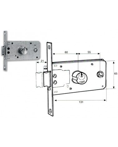 FA.SE.M 901 Serratura a fascia da infilare E=60mm, cilindro tondo Ø25x54, 2 chiavi, quadro 8,frontale mm18x130.