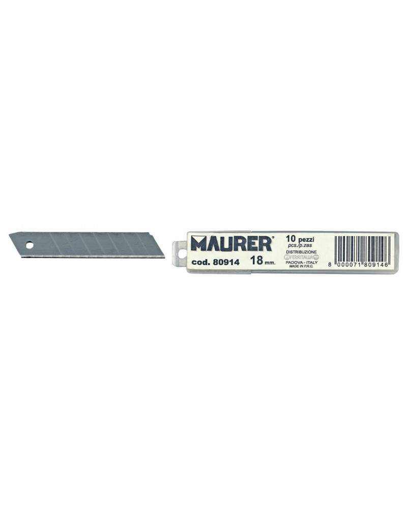 Lama a spezzare MAURER per cutter - in acciaio trattato SK5 - larghezza 18 mm - confezione in blister da 10 pezzi