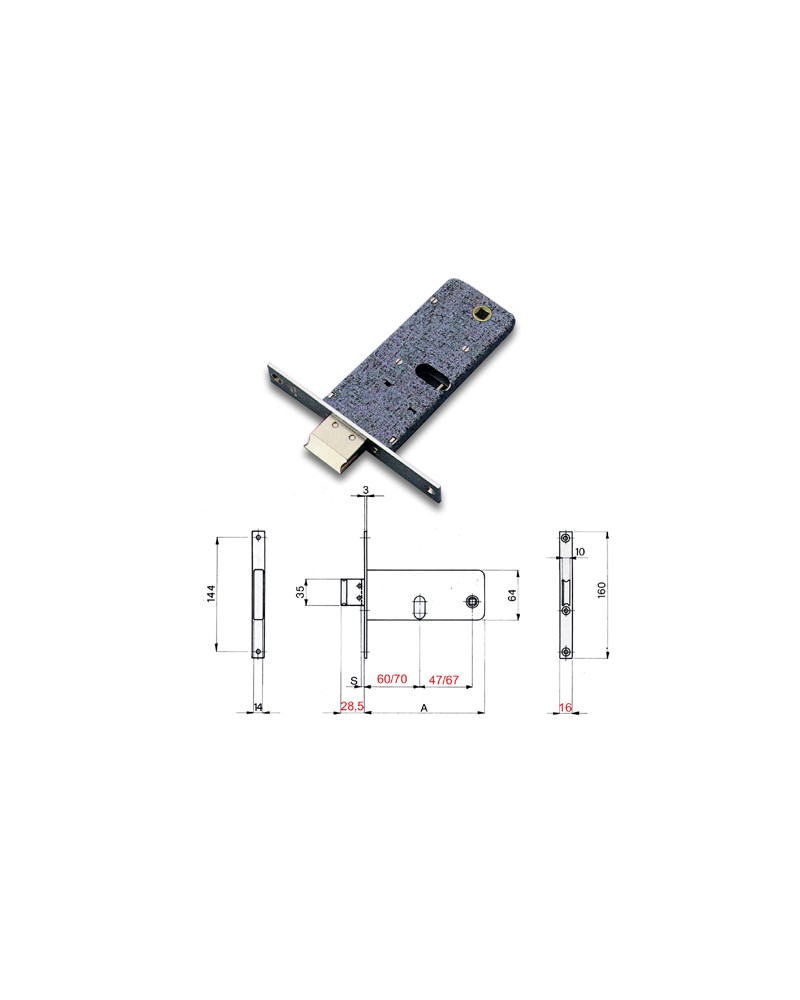 Omec serratura 780 E70 F16 a cilindro ovale da infilare per fasce a 2 mandate. quadro 8mm