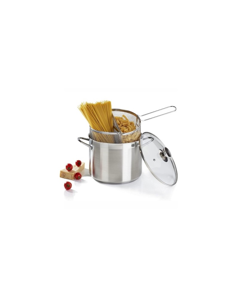 PASTAIOLA DOPPIO CESTELLO CM 24 IN ACCIAIO INOX 18/10 TRIPLO FONDO CON MANIGLIA IN ACCIAIO AD ALTO SPESSORE E CESTELLO IN RETE B