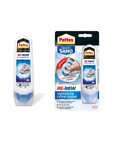 Pattex Re-new rinnova e sbianca le fughe tra le piastrelle. Non è necessario rimuovere le sigillature esistenti. Packaging innov