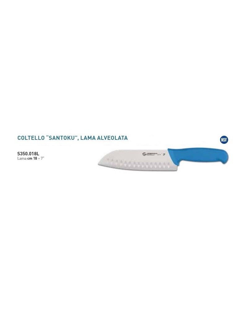 SANTOKU LAMA ALVEOLARE SUPRA CM.18 MANICO BLU AMBROGIO SANELLI COD. S350.018L