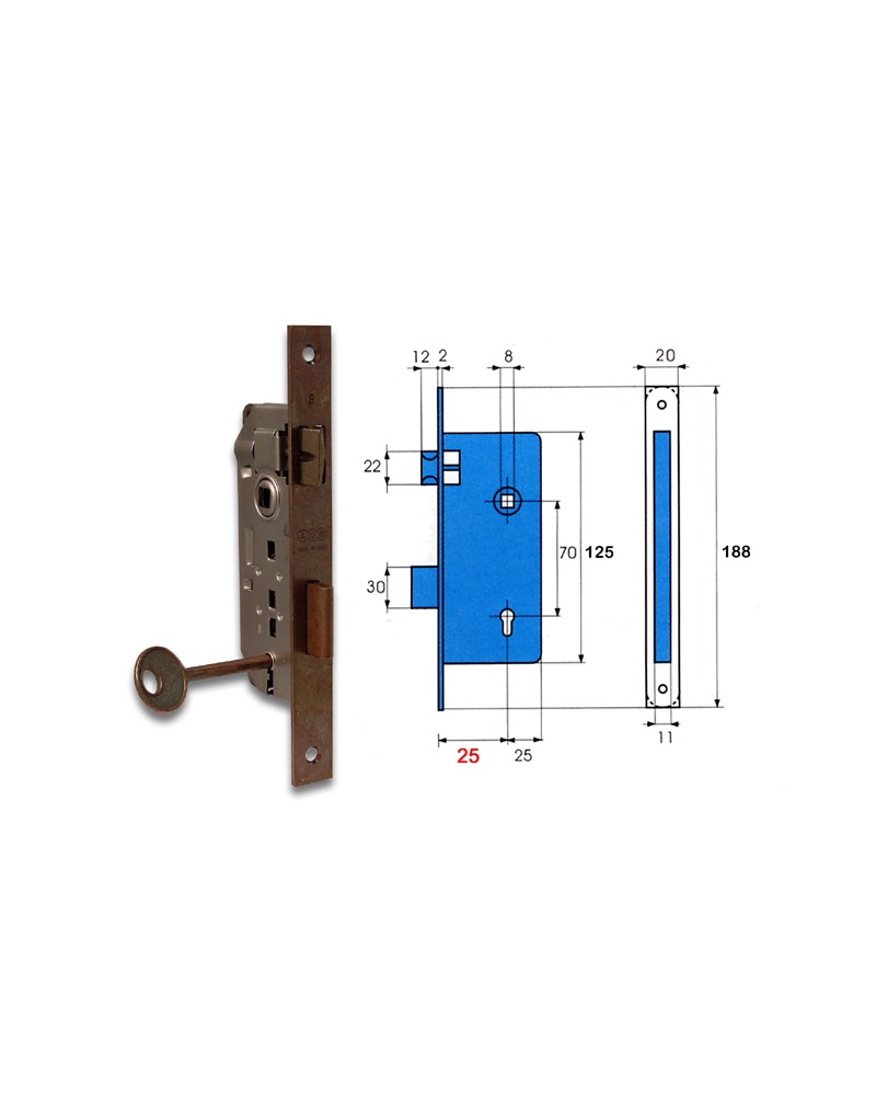 Serratura AGB  bronzata Patent 572  piccola con bordo quadro, con chiave. Con contropiastra. Quadro 8, Entrata 25 Frontale 20mm