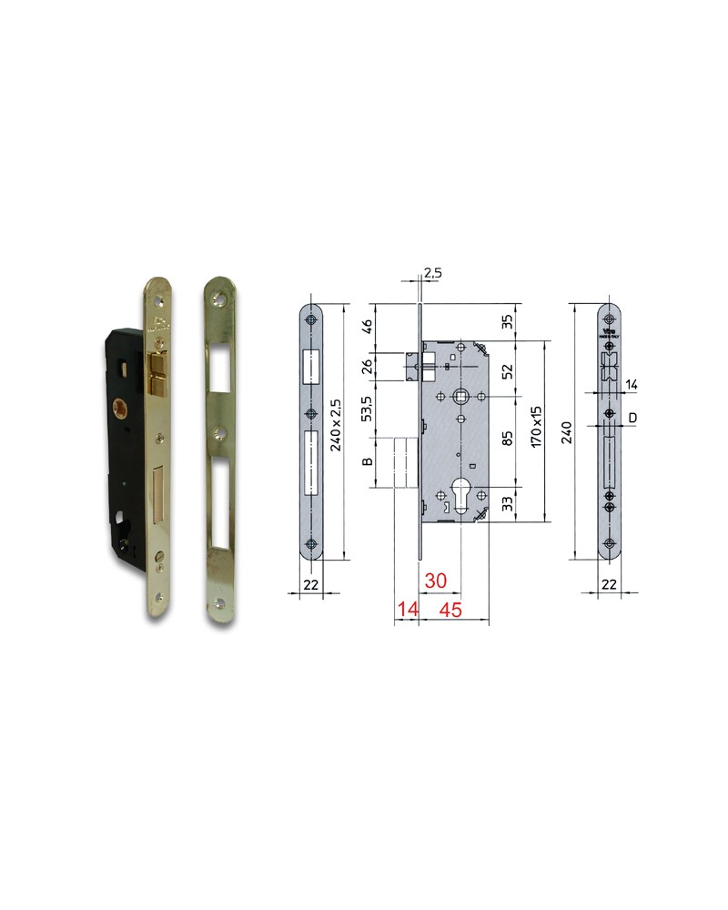 Serratura da infilare MM25 quadro 8, INTERASSE 85MM Viro 7435