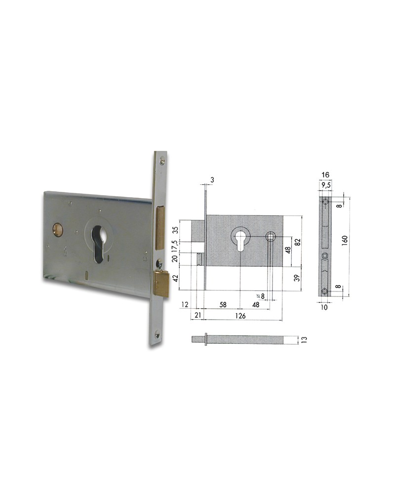 Serratura da infilare per fasce Cisa 44120.60.0, per cilindro europeo, 2 mandate, scrocco reversibile, quadro maniglia. Dimensio