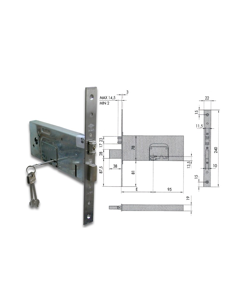 Serratura da infilare per fasce, doppia mappa, 4 mandate Cisa 57360.90.0