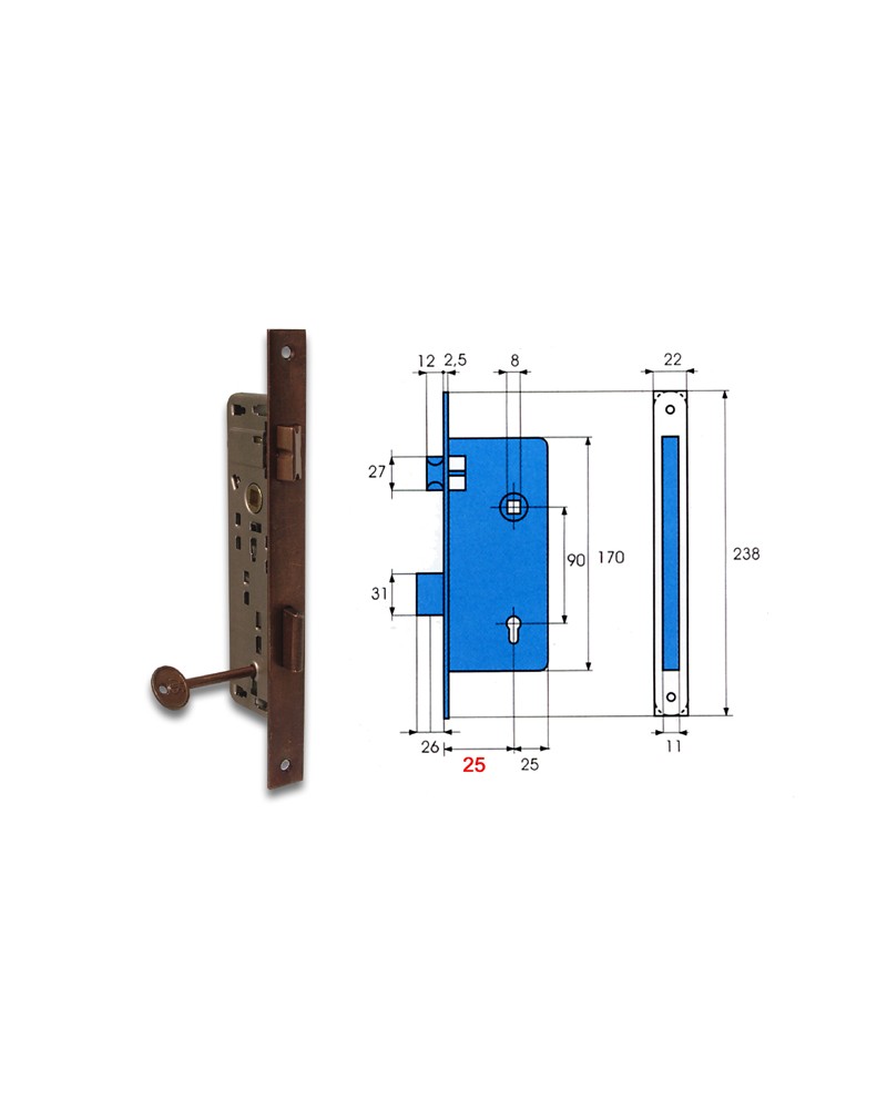 Serratura Patent GRANDE 105-35 bronzata quadro 8. Frontale mm. 22. Interasse mm. 90. Scrocco reversibile. Bordo quadrato mm. 190