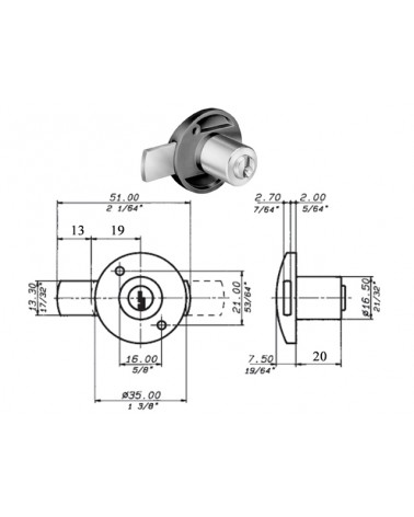 SERRATURA VERTICALE X CASSETTI, Meroni 2131 serratura da applicare. D.16,5X20MM SOPORGENTE DI 6MM