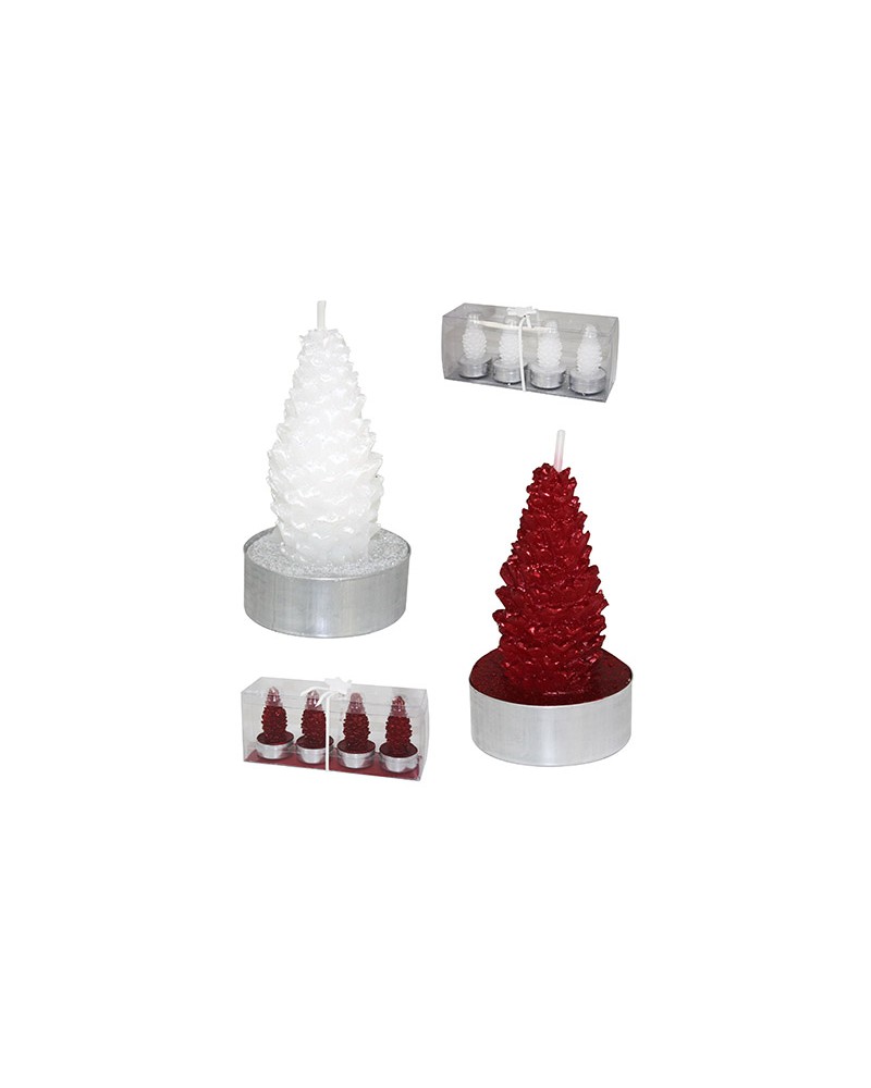 SET 4 CANDELE ALBERO PIGNASet 4 candele a forma di albero in confezione monocolore rosso o bianco. H 7x Ø 4 cm.