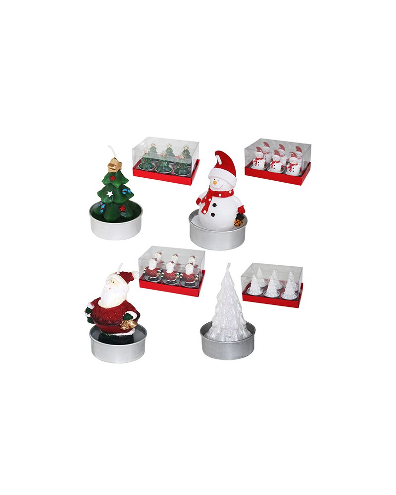 Set 6 mini candele NATALE forme assortite babbo Natale, pupazzo, albero e renna. H 7x Ø4 cm.