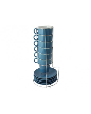 Set 6 tazze impilabili con piatto in ceramica color BLU con supporto metallico.