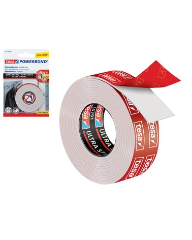 Tesa nastro biadesivo 5mt x 19mm  powerbond, tenuta extra-forte ed istantanea sui muri senza l\'utilizzo di nessun altro strumen