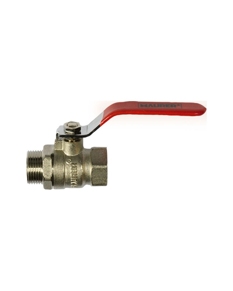 Valvola a sfera 1  MAURER in ottone M-F - a passaggio standard con leva rossa in acciaio - da utilizzarsi principalmente per acq