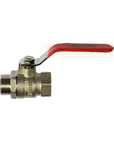 Valvola a sfera 3/4  MAURER in ottone M-F - a passaggio standard con leva rossa in acciaio - da utilizzarsi principalmente per a