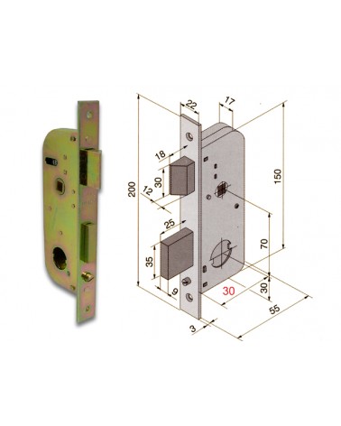 Welka 067.30.00.0 Serratura per porte e cancelli, per cilindro Welka tondo, 2 mandate, scrocco, reversibile. Dimensioni: frontal