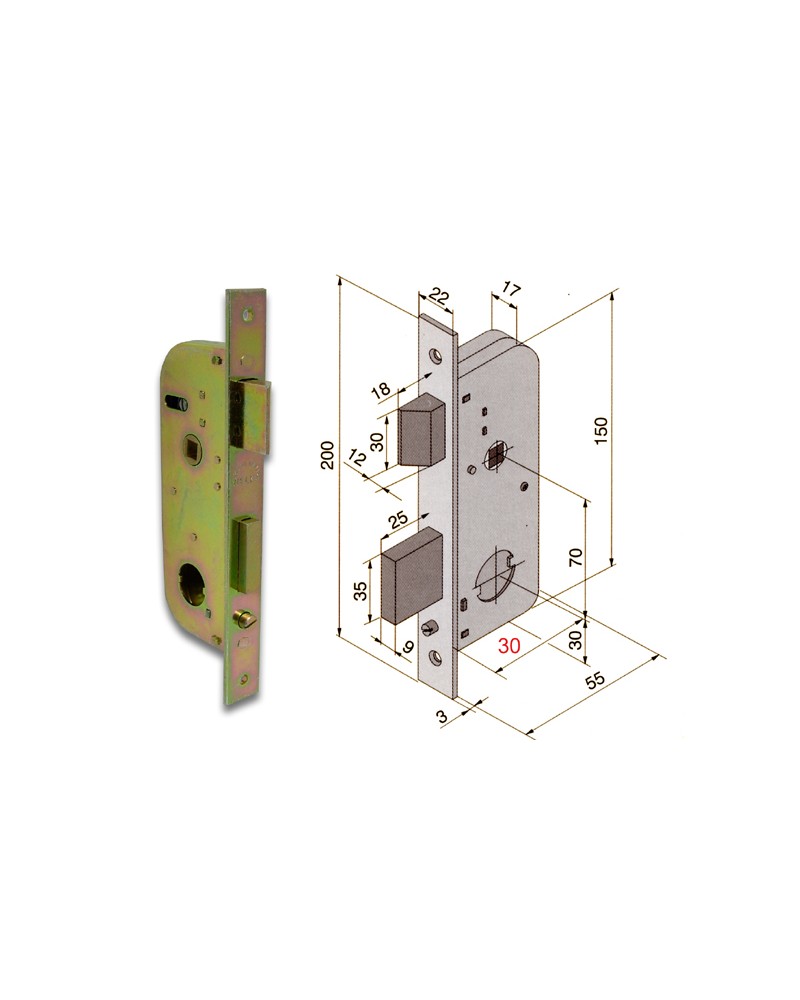 Welka 067.30.00.0 Serratura per porte e cancelli, per cilindro Welka tondo, 2 mandate, scrocco, reversibile. Dimensioni: frontal