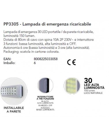 LAMPADA EMERG 30LED A MURO