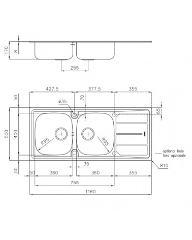 LAVELLO INOX 116X50 BUC.DX