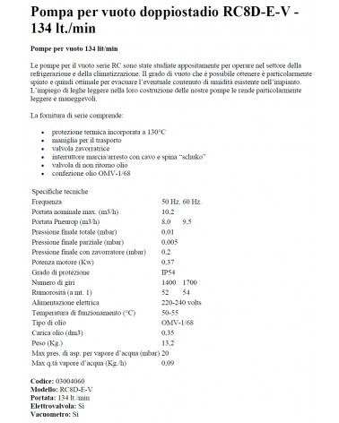 POMPA VUOTO RC8D-EV 134L/M