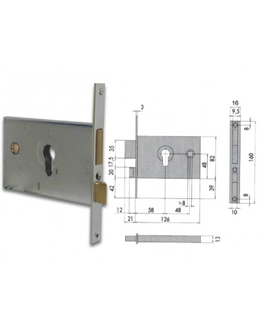 Serratura da infilare per fasce Cisa 44120.60.0, per cilindro europeo, 2 mandate, scrocco reversibile, quadro maniglia. Dimensio