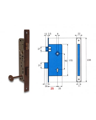 Serratura Patent GRANDE 105-35 bronzata quadro 8. Frontale mm. 22. Interasse mm. 90. Scrocco reversibile. Bordo quadrato mm. 190