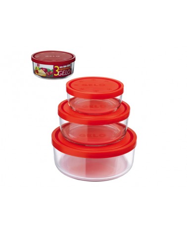 Tris contenitori Gelo in vetro: Ø 11 cm - Ø 15 cm - Ø 18 cm con coperchio rosso in plastica.